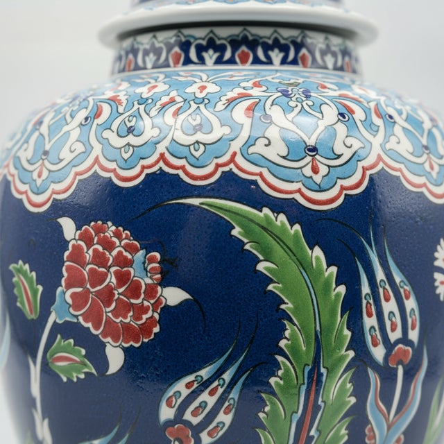 Turkish Handmade Ceramic Grand Shah Vase with Lid (60cm) Dark Blue Saz Leaf and Carnation For Sale - Image 3 of 7