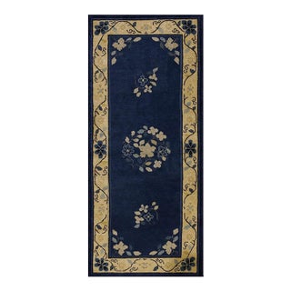 1920s Traditional Navy Floral Deco Antique Chinese Peking Small Rug 2'8'' X 6' For Sale