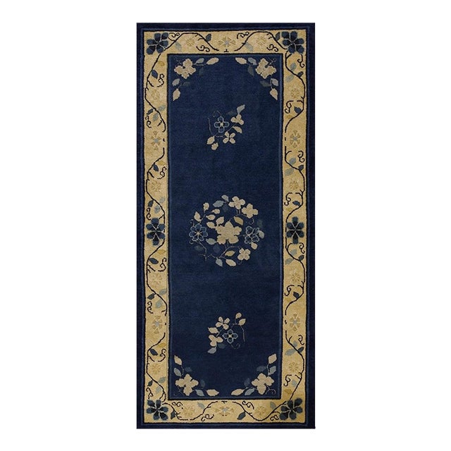 1920s Traditional Navy Floral Deco Antique Chinese Peking Small Rug 2'8'' X 6' For Sale