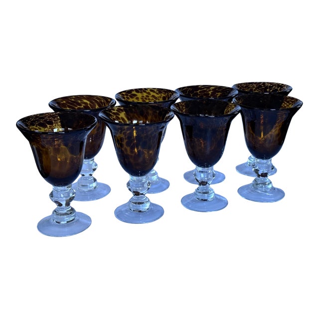 Vintage Tortoiseshell Print Glass Goblets - Set of 8 For Sale