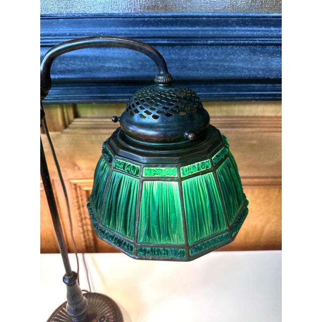 Rare Green Linenfold Double Student Table Lamp Tiffany Studio For Sale - Image 14 of 18