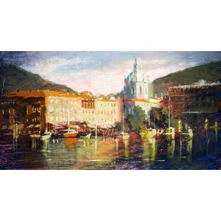 Lake Como by Christopher Clark | Oil and acrylic on wood panel of a lakeside town at sunset For Sale