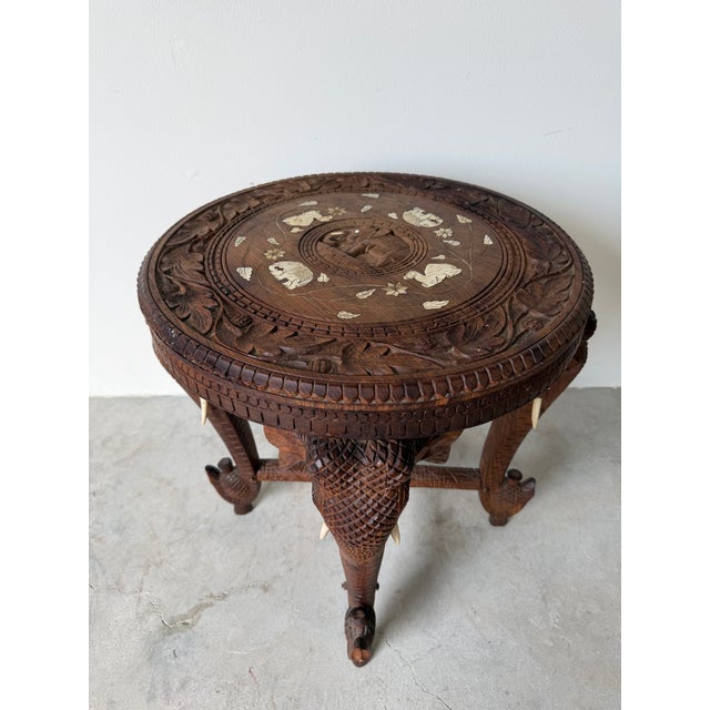 English Vintage Anglo Indian Hand-Carved Elephant Side Table With Bone Inlay Animal Motif For Sale - Image 3 of 15