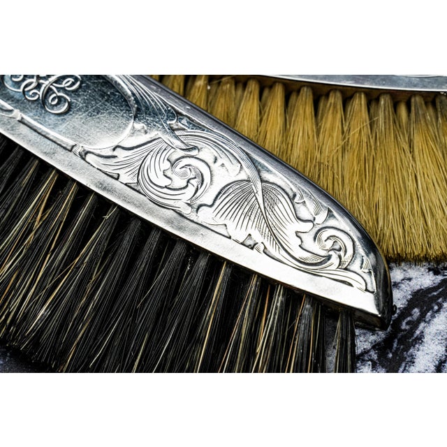 1900 - 1909 Beautiful Pair Ornate Sterling Silver Antique Clothing Brushes Leather Case Vanity Dresser Home Decor For Sale - Image 5 of 15