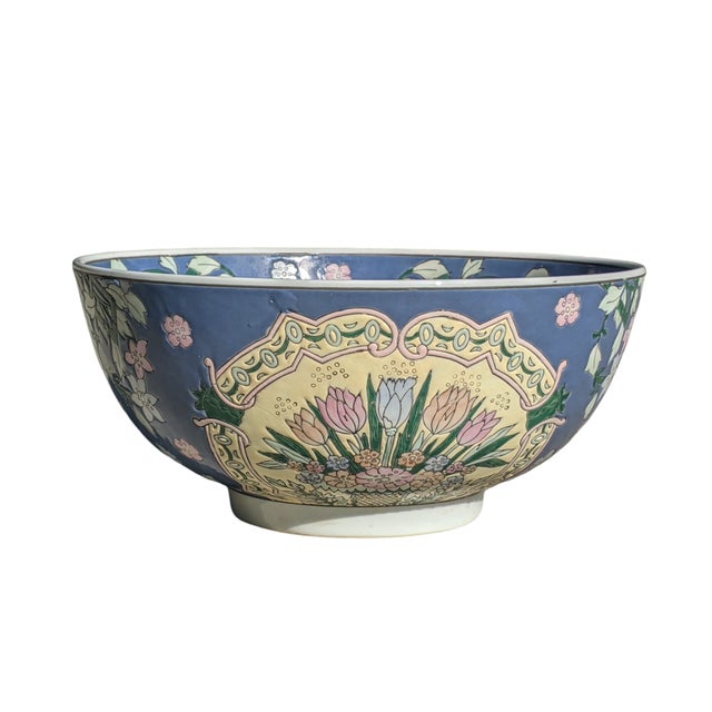Shabby Chic Vintage Chinoiserie Porcelain Large Decorative Bowl For Sale - Image 3 of 11