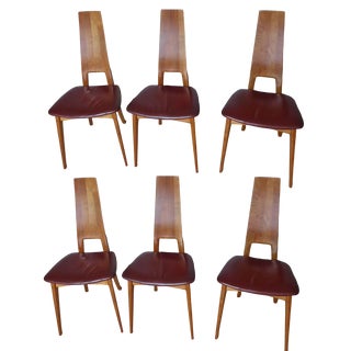 Vintage Leather and Wooden Chairs, 1960s, Set of 6 For Sale