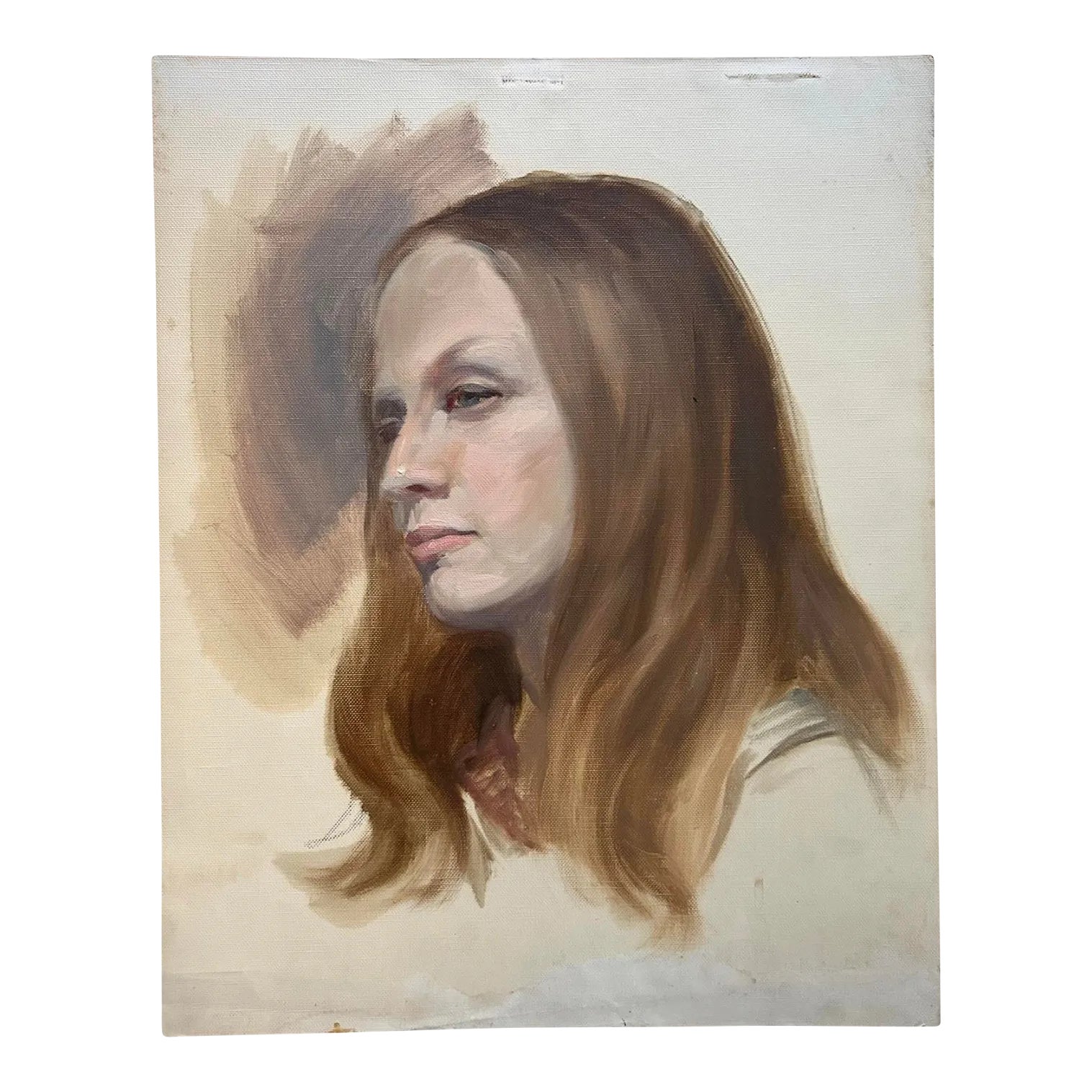 Vintage Realist 1960s Portrait of Woman (Oil on Canvas Paper) | Chairish
