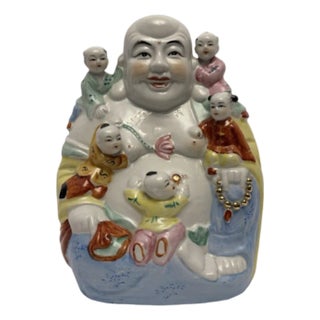 VTG Chinese Porcelain Laughing Buddha (Budai) Figure W/Children Good Luck. For Sale