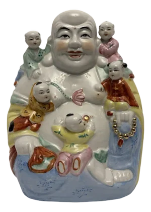 VTG Chinese Porcelain Laughing Buddha (Budai) Figure W/Children Good Luck.