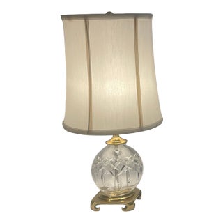 Vintage Waterford Crystal "Maeve" Globe Table Lamp With Shade & Crescent Brass Base For Sale