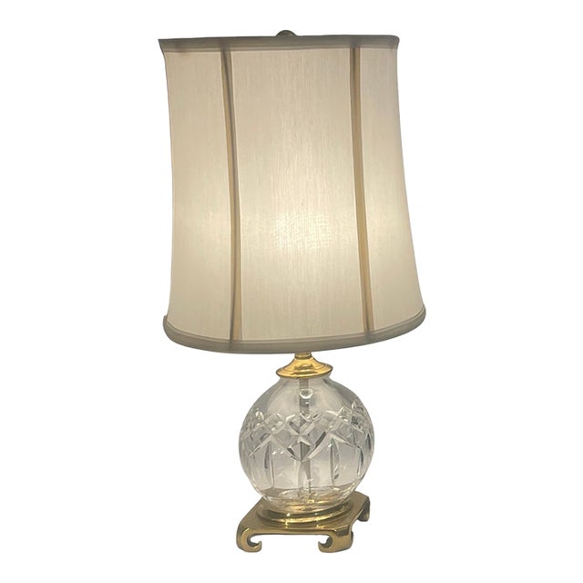 Vintage Waterford Crystal "Maeve" Globe Table Lamp With Shade & Crescent Brass Base For Sale