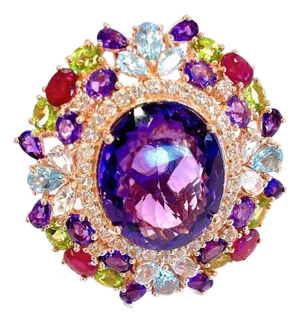Bochic “Orient” Vintage Natural Ruby, Peridot & Amethyst Ring Set In 18K Gold &