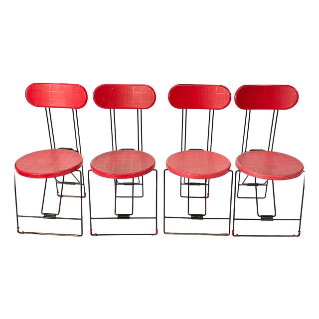 Cricket Folding Chairs in Black Metal and Red Plastic by Andries Van Onck for Magis, 1970s, Set of 4 For Sale