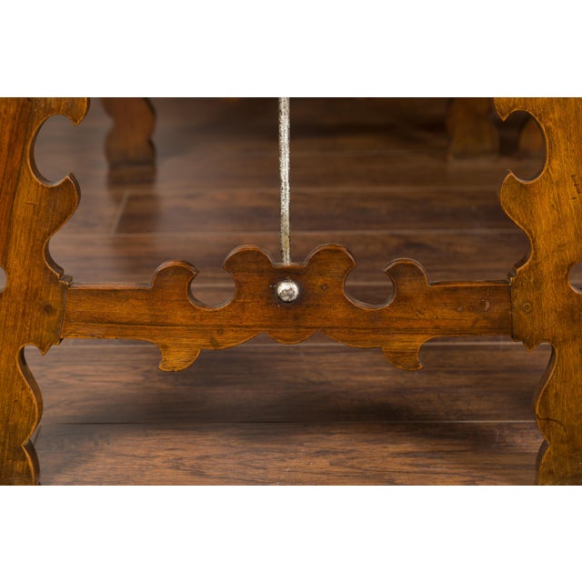 Pair of Spanish Baroque Style 1880s Walnut Console Tables with Iron Stretchers For Sale - Image 4 of 12