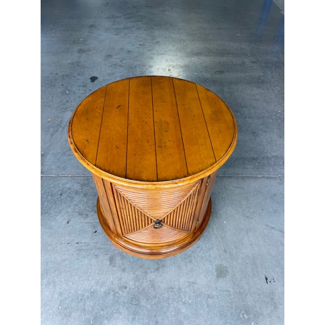 Wood Vintage Lexington Tommy Bahama Drum Table With Rattan & Louvered Door For Sale - Image 7 of 10