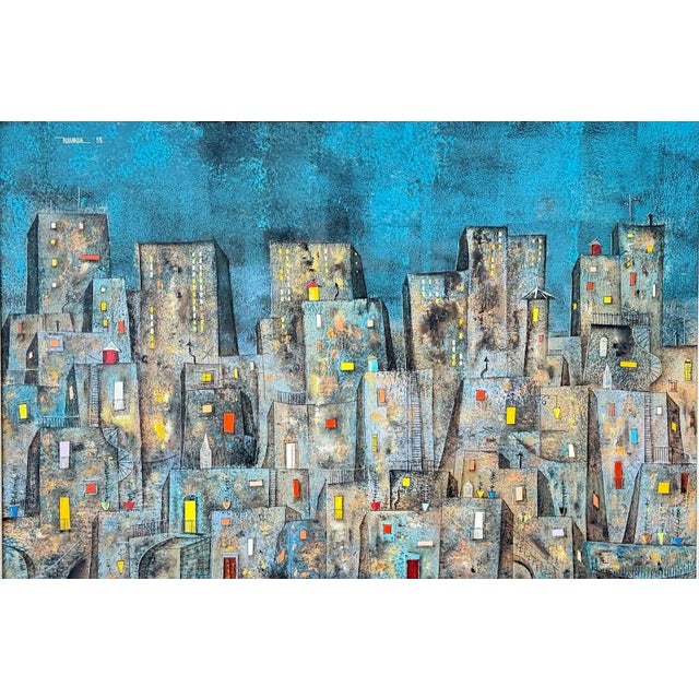 Mid-Century Modern Original Leonardo Nierman Painting Arrabal Monumental 1958 Mid Century Modern Cityscape Oil on Leatherwood Masonite - 78” X 54” For Sale - Image 3 of 15