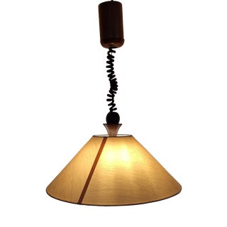 Vintage Height-Adjustable Pendant from Temde-Leuchten with Cream-Colored Fabric Shade on Cherrywood Mount, 1980s For Sale