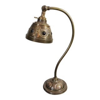 Antique Art Deco Jeweled Brass Gooseneck Desk Lamp With Ruby Glass Cabochons, Circa 1920s For Sale