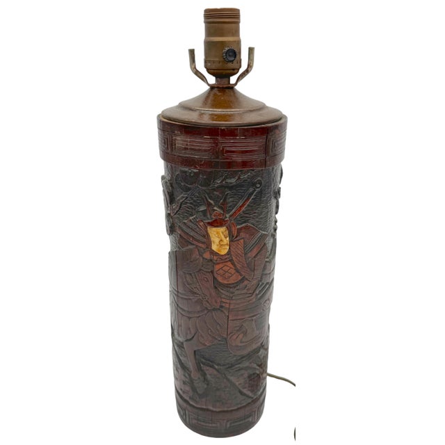 Black Japanese Meiji Period Carved & Bone Inlaid Bamboo Lamp For Sale - Image 8 of 8