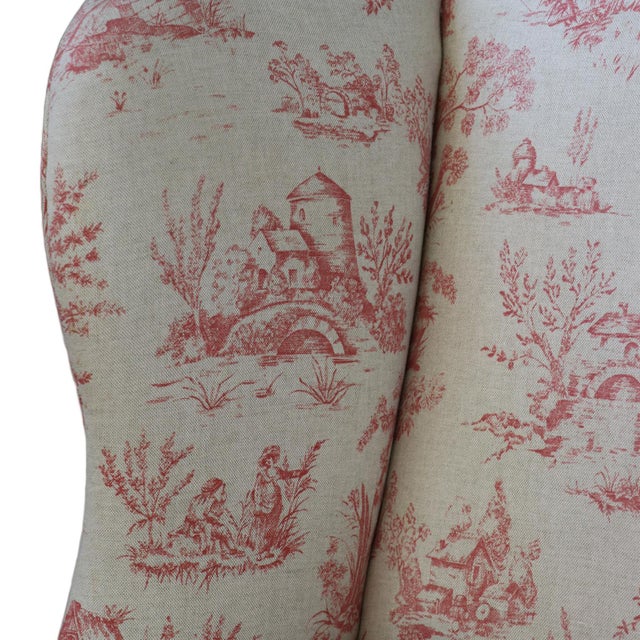 Queen Anne Style Wingback Armchair in Red Toile De Jouy For Sale - Image 14 of 14