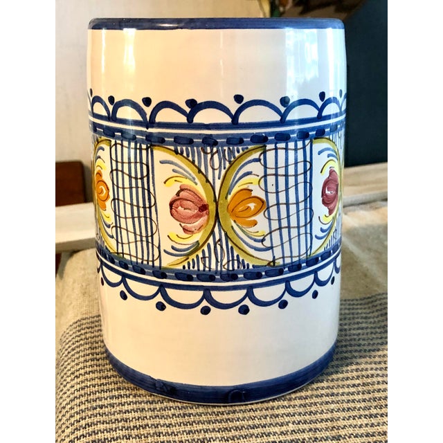 Vintage Hand Painted Rustic Glazed Ceramic Utensil Canister Vessel or Wine Bottle Holder, Puente Del Arzobispo, Toledo Spain For Sale - Image 4 of 11