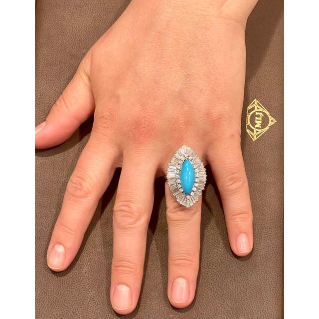 Vintage Natural Marquise Sleeping Beauty Ring Turquoise With Diamonds, Platinum For Sale In New York - Image 6 of 18