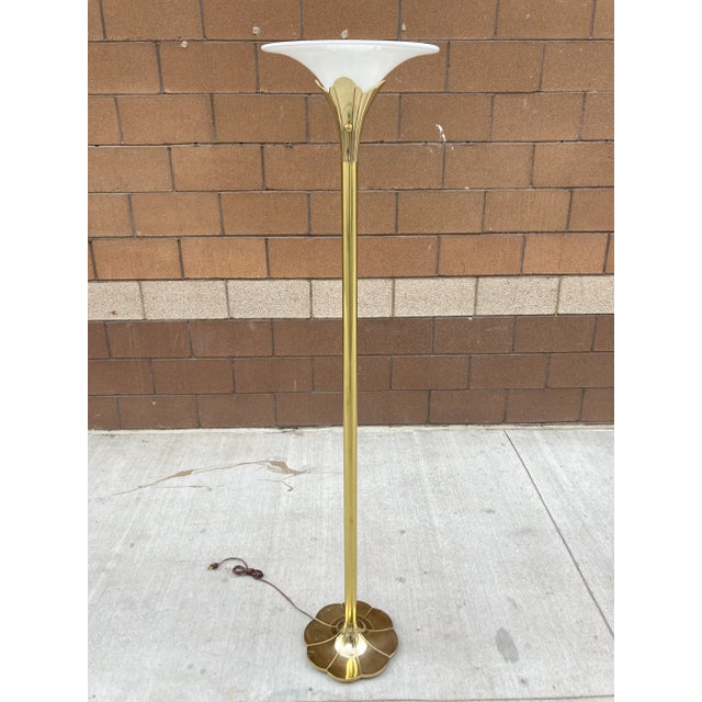Metal Modernist Solid Brass Tulip Torchiere Floor Lamp Milk Glass Diffuser by the Stiffel Company For Sale - Image 7 of 13