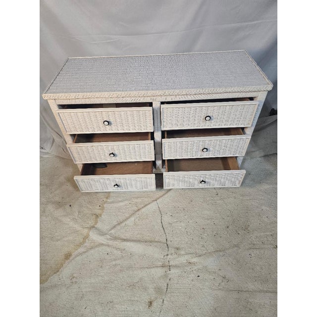 Late 20th Century Vintage Coastal White Wicker Six Drawer Dresser For Sale - Image 5 of 7