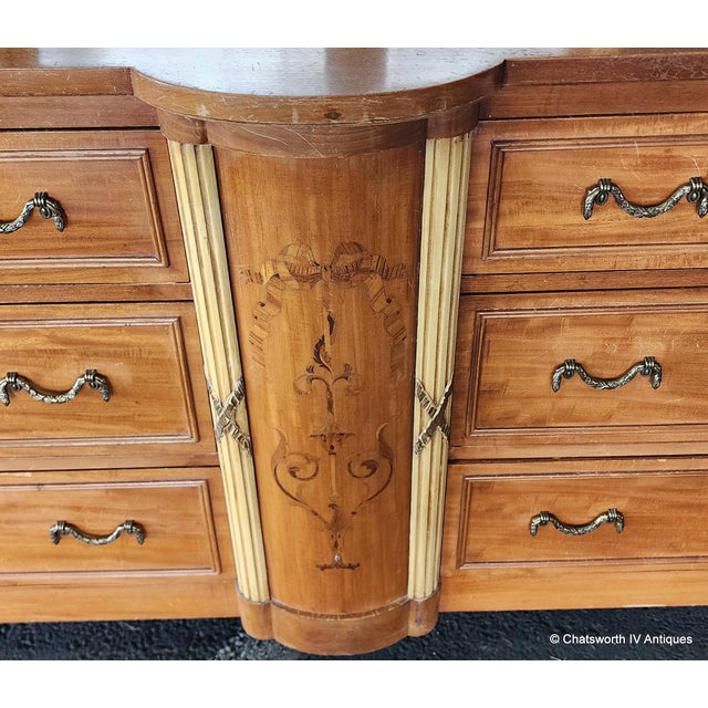 Brown Antique French Neoclassical 1930s Inlaid Satinwood Mahogany Bedroom Dresser W/ Mirror For Sale - Image 8 of 16