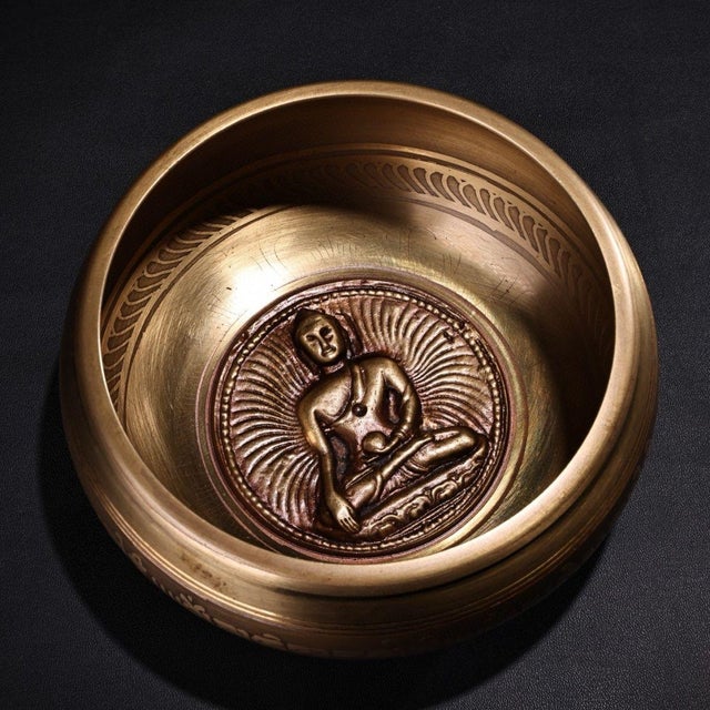 Vintage Tibetan Singing Bowl With Wooden Mallet & Script For Sale - Image 4 of 9