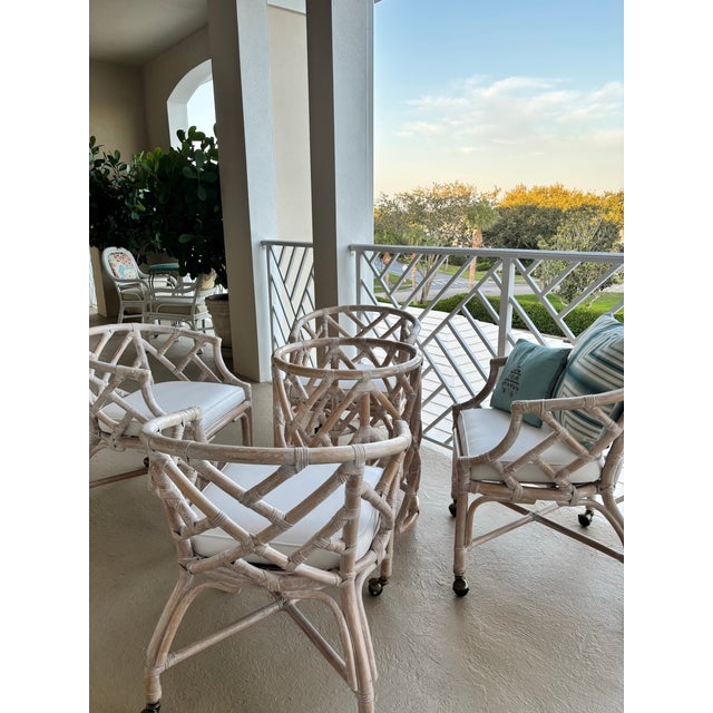 Henry Link Dining Set. Fully Refurbished, New Upholstered Seats. Chippendale, White Washed Chairs and Table With Glass. Classic Coastal Design For Sale - Image 9 of 12