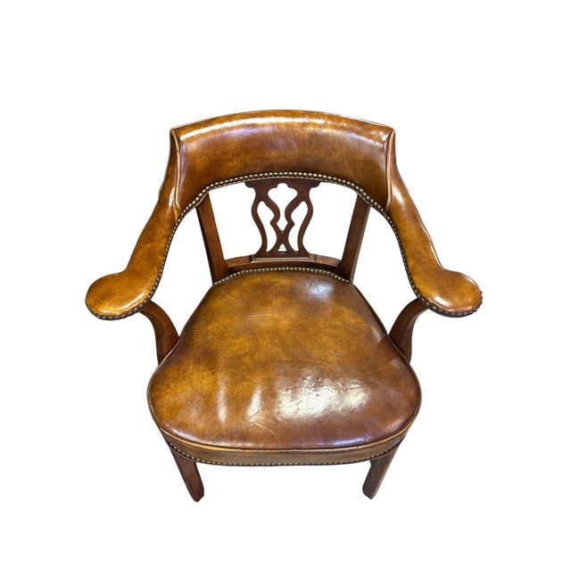 Traditional Traditional Genuine Leather Library Armchair With Nailhead Trim & Walnut Finish For Sale - Image 3 of 8
