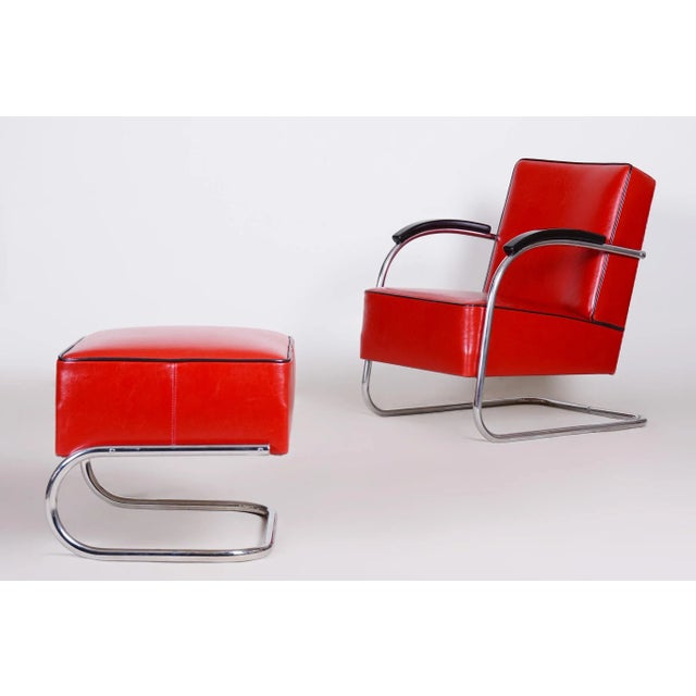 Red Set of Bauhaus Armchair with Foot Stool attributed to Mucke Melder, 1930s For Sale - Image 8 of 13