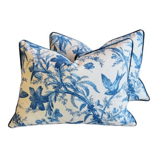 P. Kaufmann Blue & White Aviary Toile Botanical Birds Feather/Down Pillows 24" X 18 - Pair For Sale