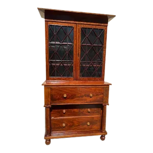 Antique Flame Mahogany Secretary with Bookcase, Early 20th Cenury