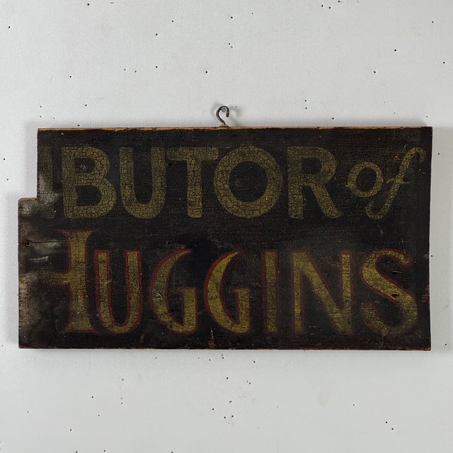 American Salvaged Remnant Antique Hand Painted Wood Trade Sign Advertising "Distributor of Huggins" For Sale - Image 3 of 8