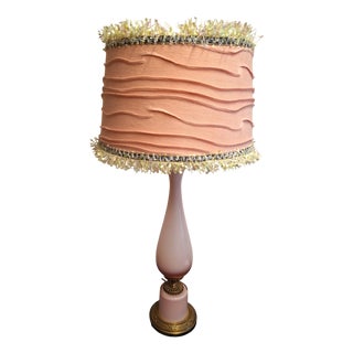 Vintage Table Lamp with Salmon-Colored Glass Column on Bronze Mount and a Handmade Fabric Shade from Lamplove, 1970s For Sale