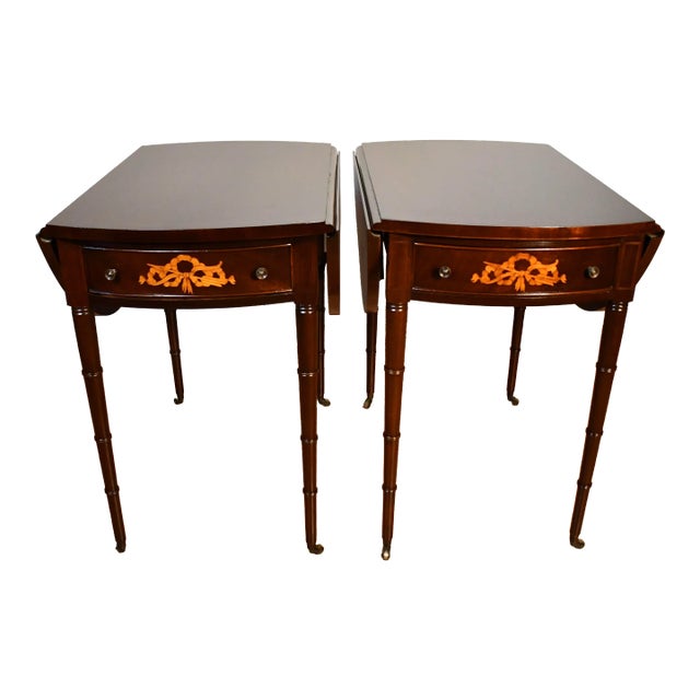 1920s Pair Irwin English Regency Mahogany Inlaid Pembroke Side Tables End Tables For Sale