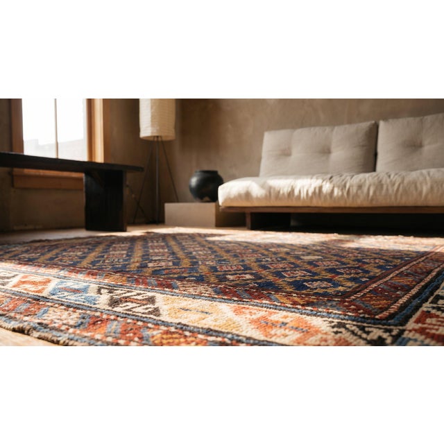 1890s Blue Navy Geometric Tribal Antique Caucasian Shirvan Rug ( 3'4" X 4'2" Handknotted Wool Carpet For Sale - Image 12 of 12
