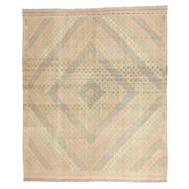 Textile Mid 20th Century Faded Embroidered Turkish Kilim Rug For Sale - Image 7 of 7
