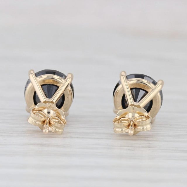 New 3.70ctw Black Diamond Stud Earrings 14k Yellow Gold Round Solitaires - 2 Pieces For Sale - Image 4 of 6