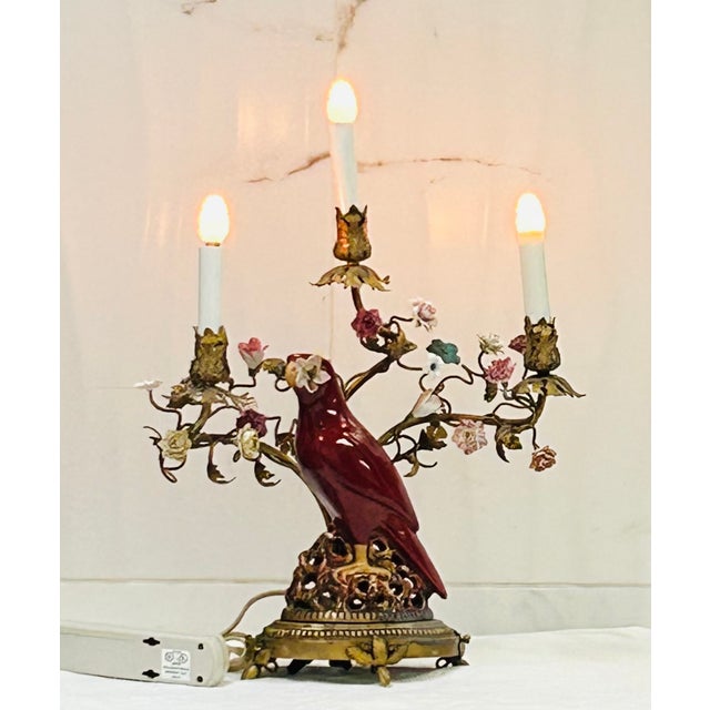 Early 19th Century Early 19th Century A Large Pair of Chinoiserie Regency Exotic Opposing Heron Gilt-Bronze-Mounted & Porcelain Parrot Candelabra For Sale - Image 5 of 16