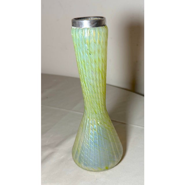 Antique Hand Blown Bohemian Kralik Glass Sterling Silver Mounted Iridescent Vase For Sale - Image 10 of 14