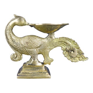 Vintage Brass Peacock Statue Vanity Display Tray For Sale