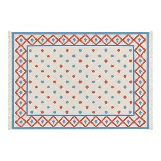 Handmade Cotton Vegetable Dyed Rug, White, Sky Blue and Terracotta Star Dhurrie-4'x6' For Sale