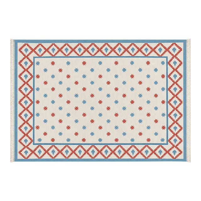 Handmade Cotton Vegetable Dyed Rug, White, Sky Blue and Terracotta Star Dhurrie-4'x6' For Sale