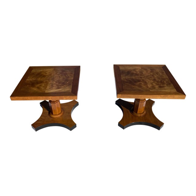 Pair of highly figured burl walnut topped pedestals, with inverted quatrefoil walnut base, truly make for a stunning pair...